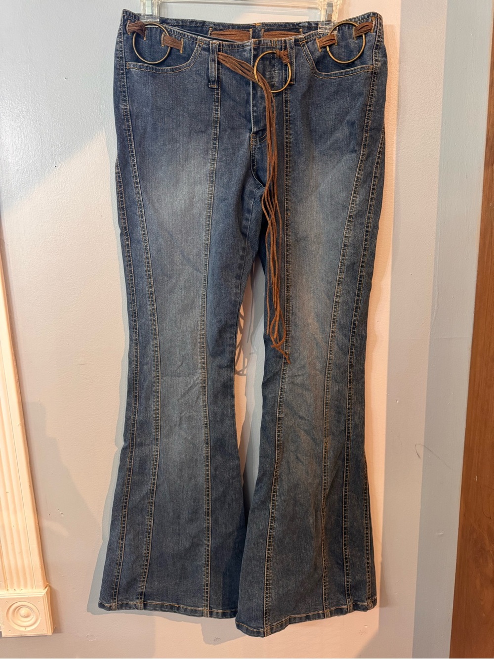 Vintage Route 66 Y2K Flare Jeans Low Rise Ring Belt Suede Fringe Size 4